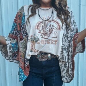 Boho Desert Graphic Tee and Patchwork Kimono Set - Cream/Multi